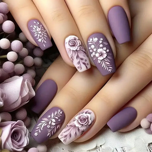 24pcs Purple Ballet Press on False Nails Art Short Coffin Nails Tips White Flower Design Fake Nail for Woman Reusable Manicure