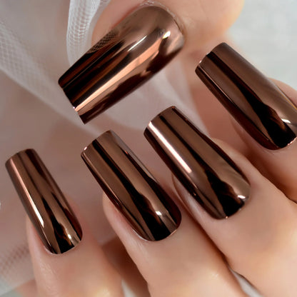 Silver Coffin Fake Nails Long Ballet Metallic False Nail Tips Solid Color Mirror Press On Nails Art Manicure At Home Salon Tools