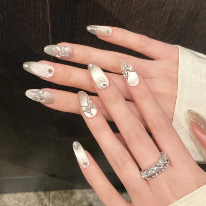 10pcs Handmade Press On Nails Clear Glass Beads Cat's Eye False Nails With Crystal Butterfly Designs Charming Korean Fake Nail