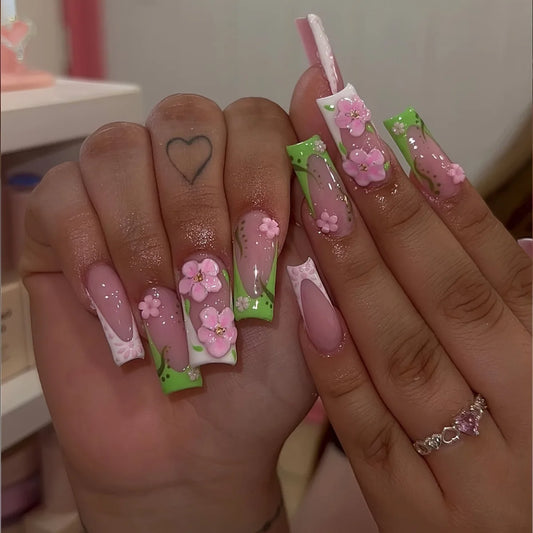 24pcs Sweet Long Ballet Fake Nails Set Green French False Nail Art Flower Design Full Cover Nail Tips Pink Coffin Press on Nails