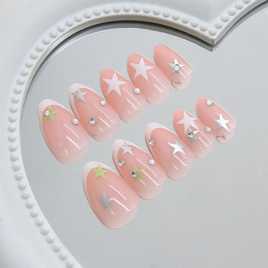 Y2K Girls Almond Fake Nails 24Pcs French Press On Nails Red/White Five-ponited Star/Polka Dot Printed Summer DIY Manicure