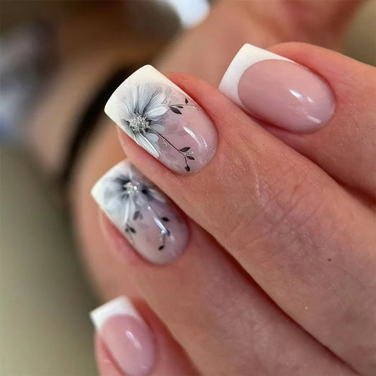 24Pcs Mid-length White French Sqaure Full Cover Nails Tips with Ink Wash Flower Press on False Nails Wearable Finished Fake Nail