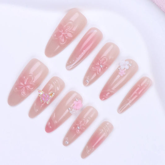 10PCS Stiletto Pink With Flowers Style Fake Nails Set -Press On Nails Drill Design1pc Nail File & 1Nail Glue Sticker Kit Nails
