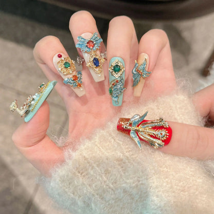 10pcs Chinese Retro Handmade False Nails Luxury Dragon Phoenix Colorful Diamond Gold Chain Decor Press On Nails Charms Manicure