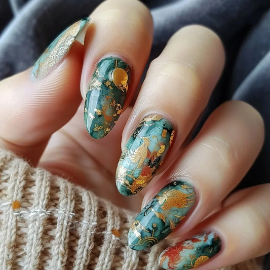 24Pcs Mid-length Almond Fake Nails Press on Irregular Gilding Moon Design Full Cover Nail Tip Unicorn Rabbit Reusable False Nail