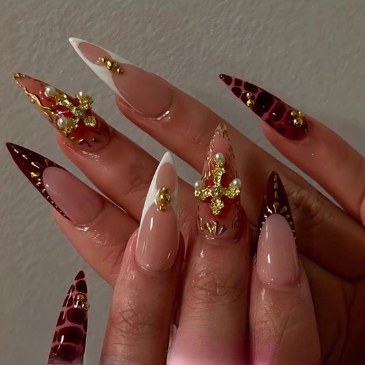 24pcs Metallic Y2k Fake Nails Medium Almond False Nails Gold Glitter Diamond Press on Nails Leopard Print Nail Art Sweet Cool