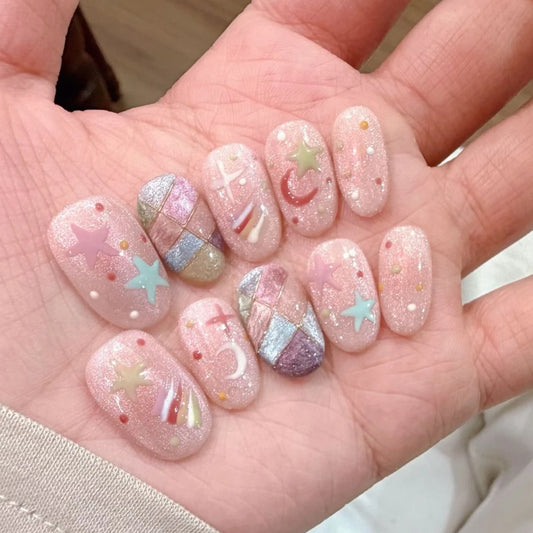 10Pcs Sweet Pink Short Round Handmade Fake Nails French Fresh Colorful Polka Dots Stars Pattern Stick on Nails Removable Lovely