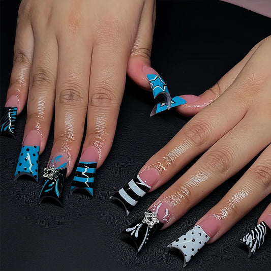 24Pcs Duckbilled False Nails with Star Rhinestone Black Blue French Fake Nails for Woman Wearable Spicy Girls Y2k Press on Nails