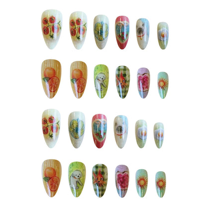 24pcs Cute Cartoon Press On Nails Little Fresh Colorful Oil Painting Style Fake Nails Kawaii Short Almond Fake Nail For Girls