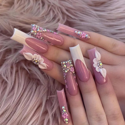 24Pcs Long Square Head French Fake Nail Tips 3D Love Heart Design Press on Nails with Rhinestone Pattern Wearable False Nail Art