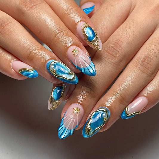 24Pcs Mid-length Almond False Nails with Blue Cat's Eye French Press on Nails Gilded Design Reusable Full Cover Fake Nails Tips