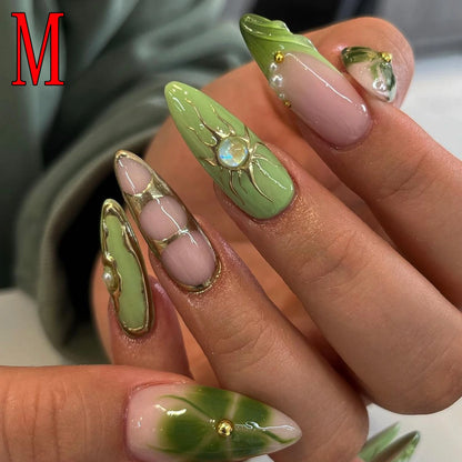 Y2k 10PCS Long Almond Fake Nails, Gold-Plated Flower And Pearl Decoration, Cat Eye Design Rhinestone Decoration Fake Nails