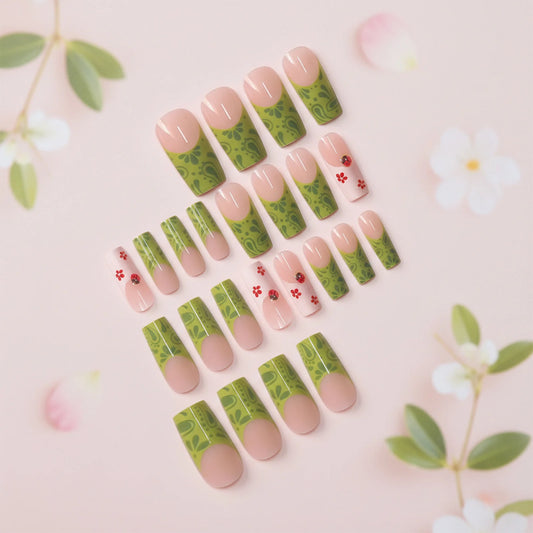 24pcs European Long Squared Manicure White Green French Style False Nails With Flower Ladybug Press On Nails Spring Fake Nail