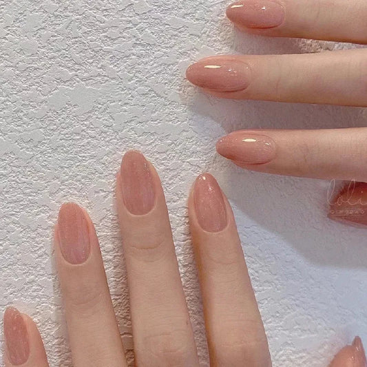 24pcs Gradient Tips False Nails Press on Shiny Powder Design Short Almond Nails Wearable Solid Color Fake Nail Finished Manicure