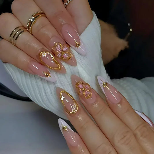 24pcs Simple White French Fake Nails Finished with Golden Flower Design Almond Nails Sets Wearable False Nail Tip Press on Nails