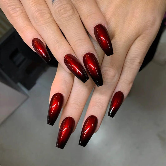 24pcs Finished False Nails Simple Red Black Gradient Coffin Fake Nail Tips Mid-length Ballet Press on Nails Detachable Manicure