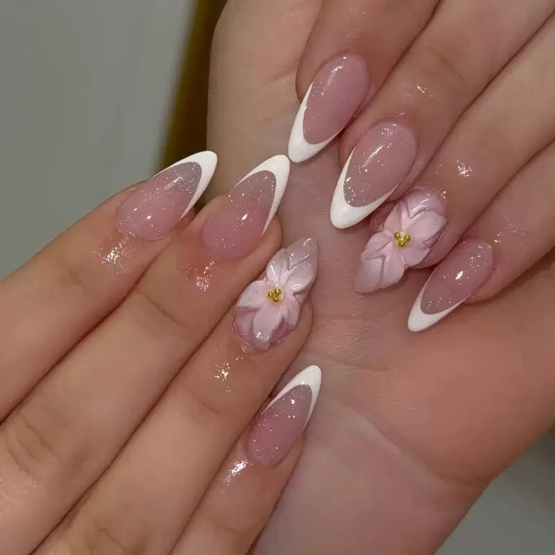 24Pcs Light Blue Smudge Fake Nails Press on Almond Gold Leaf Removable Long Full Cover Nail Tips Wearable Finished Nail Art