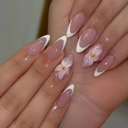 24Pcs Light Blue Smudge Fake Nails Press on Almond Gold Leaf Removable Long Full Cover Nail Tips Wearable Finished Nail Art