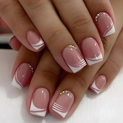 24Pcs Nude White French Fake Nail Short Square Nail Tips Fashion Wearable False Nails with Glue Simple Full Cover Press on Nails