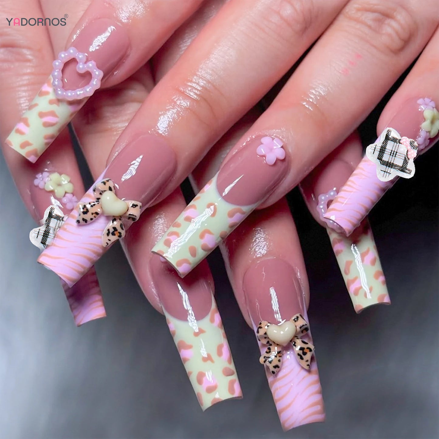 24pcs Long Square Fake Nails Zebra-Leopard Print French Style Spicy Girl False Nails With 3D Heart Bowknots Decor Press On Nails