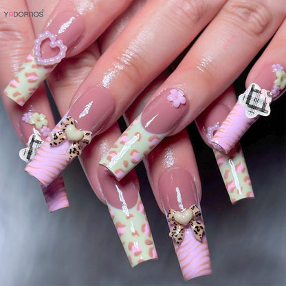 24pcs Long Square Fake Nails Zebra-Leopard Print French Style Spicy Girl False Nails With 3D Heart Bowknots Decor Press On Nails
