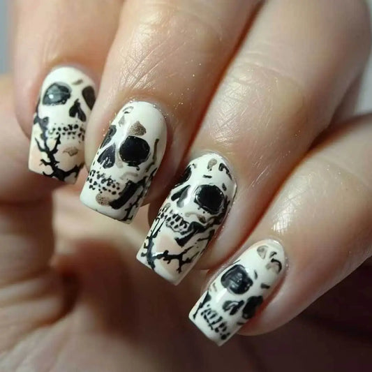 24PCS Dark Red Long Ballet False Nails with Glue Horror Skull Flower Pattern French Press on Nails Full Cover Halloween Nail Art