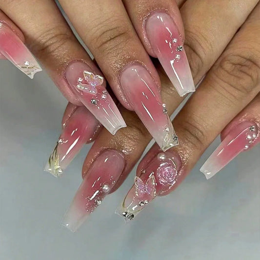 24pcs Glitter Diamond Fake Nails Art Leopard Print French Tips Long Square False Nail Sets Simple Reusable Coffin Press on Nails