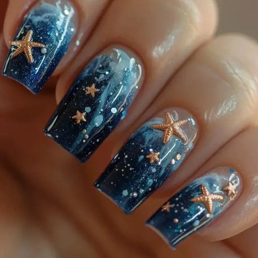 24Pcs Mid-length Square Press on Nails 3D Starfish Sea Blue Design Fake Nail Art Reusable Artificial Full Cover False Nails Tips
