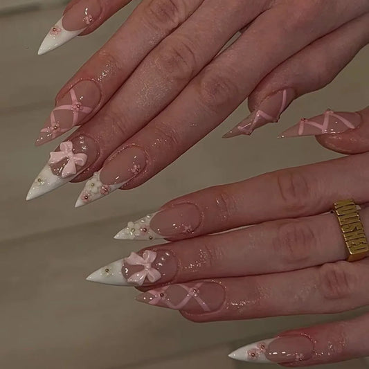 24pcs White French Fake Nails Pink Cute Stiletto Almond Press on Nails Sets Bow Flower Design Stick on Nail Lacy Long False Nail