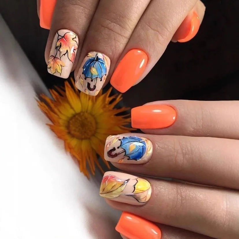 24pcs Cartoon Leaves Fake Nails Art Polka Dot Shiny Powder Design Full Cover Ballet False Nail Short Brown Square Press on Nails