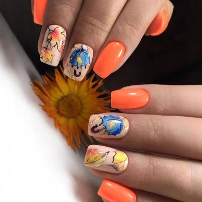 24pcs Cartoon Leaves Fake Nails Art Polka Dot Shiny Powder Design Full Cover Ballet False Nail Short Brown Square Press on Nails