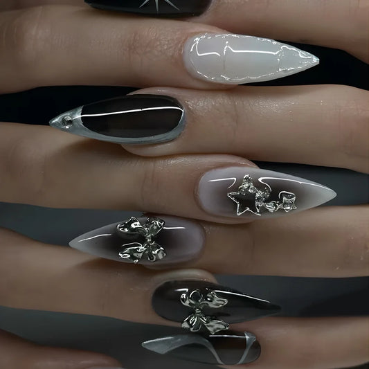 24Pcs Silver Irregular Stripe French Fake Nails Press on Bow Reusable Manicure Tips Mid-length Almond Full Cover False Nails Art