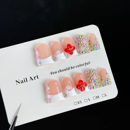 10pcs high-end Simple and elegant style, hand-painted three-dimensional patterns, dazzling full of diamonds handmade fake nails