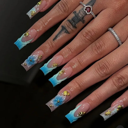 24Pcs Long Coffin False Nails with Blue Flower Design Reusable French Press on Nails 3D Square Head Full Cover  Fake Nail Tips