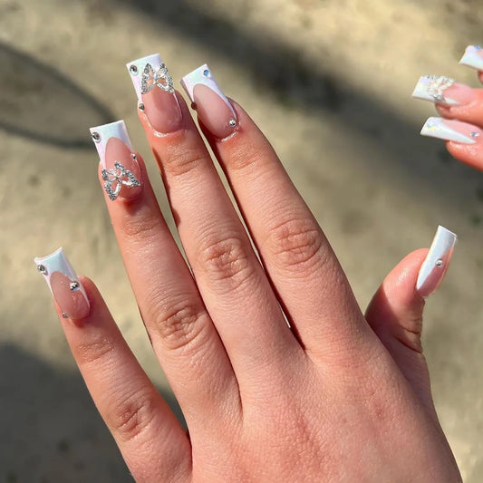 24pcs Finished Simple Fake Nails Press on French Pink Square Nails Rhinestone Flower Design False Nail Sets Mid-length Manicure
