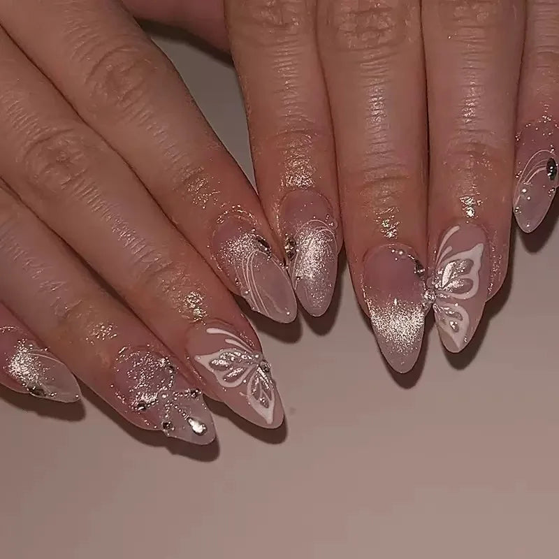 24Pcs Light Blue Smudge Fake Nails Press on Almond Gold Leaf Removable Long Full Cover Nail Tips Wearable Finished Nail Art