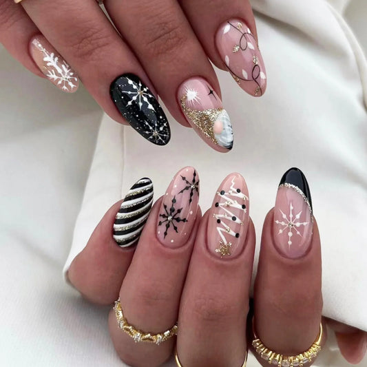 24Pcs Snowflake Design French Wearable Finished Nails with Jelly Glue Gold Christmas Glitter Stripes Pattern Acrylic False Nails