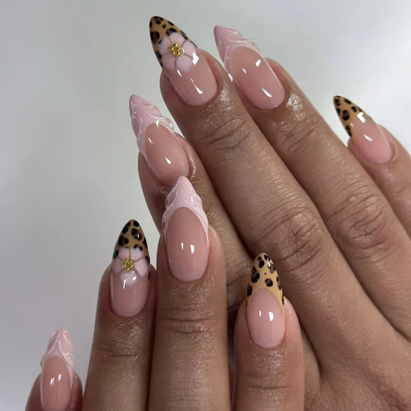 24Pcs Mid-length Almond Press on Fake Nails with Insect Flower Button Design Full Cover Nails Tips Reusable Finished False Nails