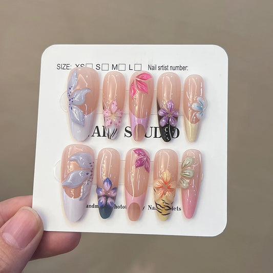 10pcs/box Y2K Luxury Handmade long-sized Almond 3d gel flower Leopard pattern French tips Press On Nails ,Thick nail,