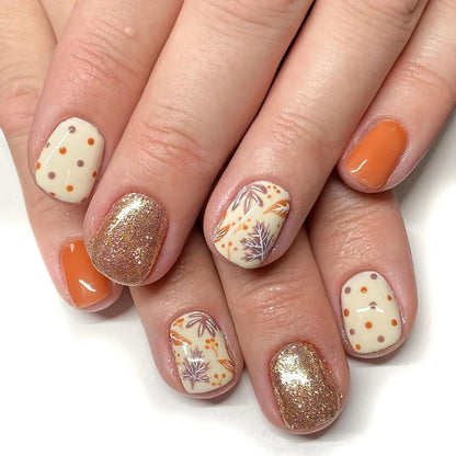 24pcs Cartoon Leaves Fake Nails Art Polka Dot Shiny Powder Design Full Cover Ballet False Nail Short Brown Square Press on Nails