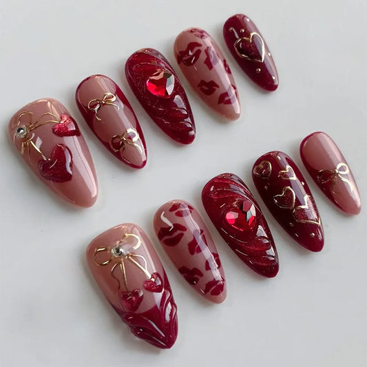 24Pcs Wine Red Almond Bow Heart Designs Press on Nails Glitter Cat Eye Diamond Nail Patch Wearable Elegant Full Cover Nail Tips
