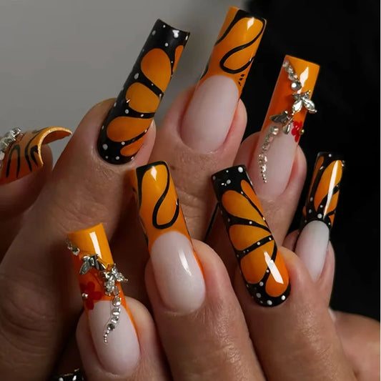 24Pcs Long Square Wearable Press on False Nails Full Cover French Yellow Edge Fake Nail Flower Butterfly Rhinestone Manicure Tip