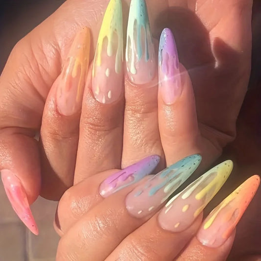24Pcs Long French Almond Press on Fake Nails Yellow Edge False Nails Golden Starfish with Design Wearable Full Cover Nails Tips