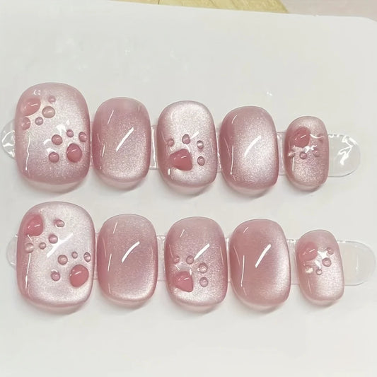 10pcs high-end hand-painted Cat claws pink cat eyes handmade fake nails, Short reflective nail patches in pink