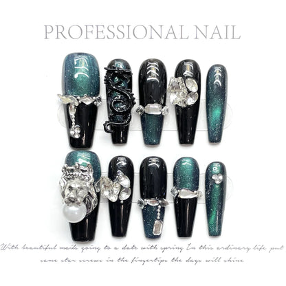 10pcs Wine-red Super Long Almond False Nails Handmade Full Shiny Diamond French Press On Nails Glossy Cat's Eye Luxury Fake Nail
