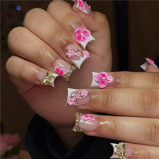 24pcs Sweet Flower Design Stick on Fake Nail Art Wearable Pink Blush Short Square Press on Nails French Tips Ballet False Nail