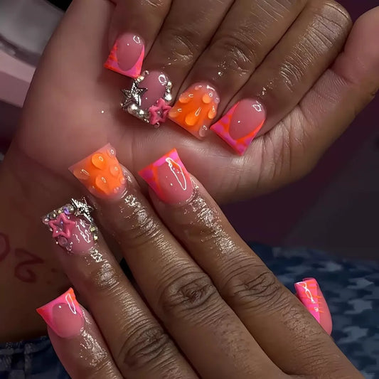 24pcs Pink Orange Fake Nail Tips Y2k Metal Star Water Ripple Designs Short Duckbill False Nails Sweet Cool French Press On Nail