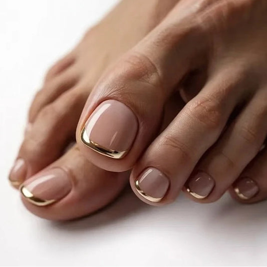 Stylish Gold French Nude Pink Wearable Nail Art Simple Fashion Fake Toenails Detachable Finished Toe False Nails Press on Nails