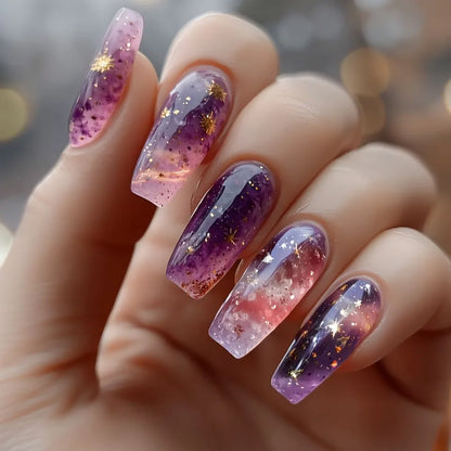 24Pcs Mid-length Ballet Press on False Nails with Pueple Gold Smudge Design Fake Nails Detachable Finished Full Cover Nails Tips