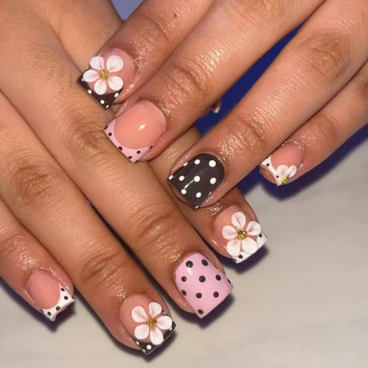 24Pcs Pink Brown White Polka Dot French Fake Nails 3D Flower Reusable False Nails Press on Short Square Head Full Cover Nail Tip